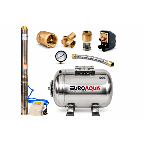 Sistem hidrofor complet cu vas inox EUROAQUA 100L, pompa submersibila KEPEIDA 1.3kW si accesorii