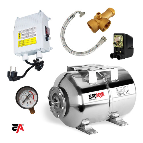 euroaqua EAQ0012.1 Kit accesorii hidrofor CAMPION, vas expansiune 50L Inox, presostat, manometru, racord 5 cai bronz, furtun racord Inox cu cot 60cm+Panou Comanda 0.75kw