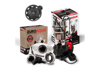 Pompa Apa Murdara(WC,fosa,hazna) cu TOCATOR si PLUTITOR, din inox EUROAQUA 3100W+30 metri furtun pompieri panzat+accesorii prindere rapida